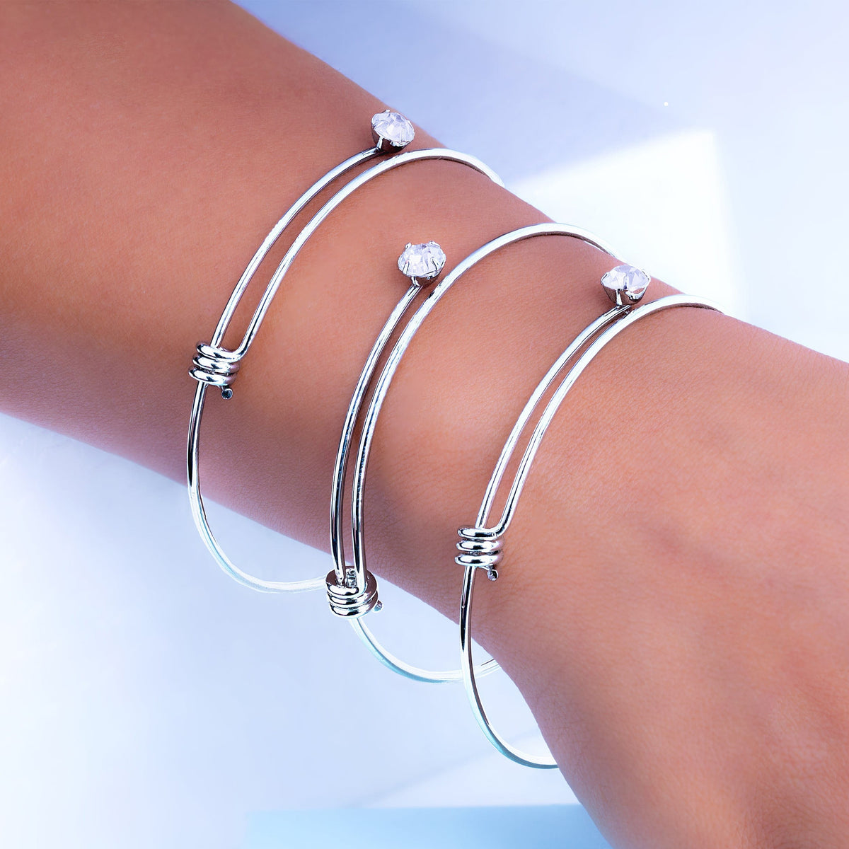 Adjustable Stainless Steel Bracelet Set with Zirconia Stones