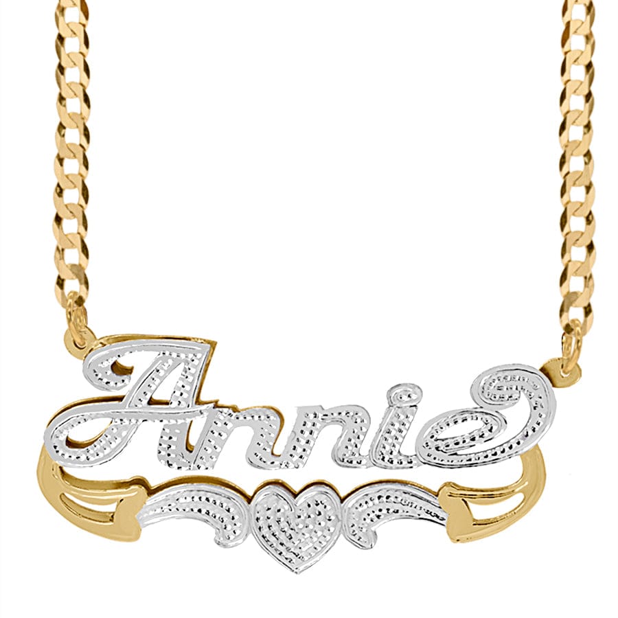 Solid Gold Double Nameplate Necklace w/ Love Birds Hannah