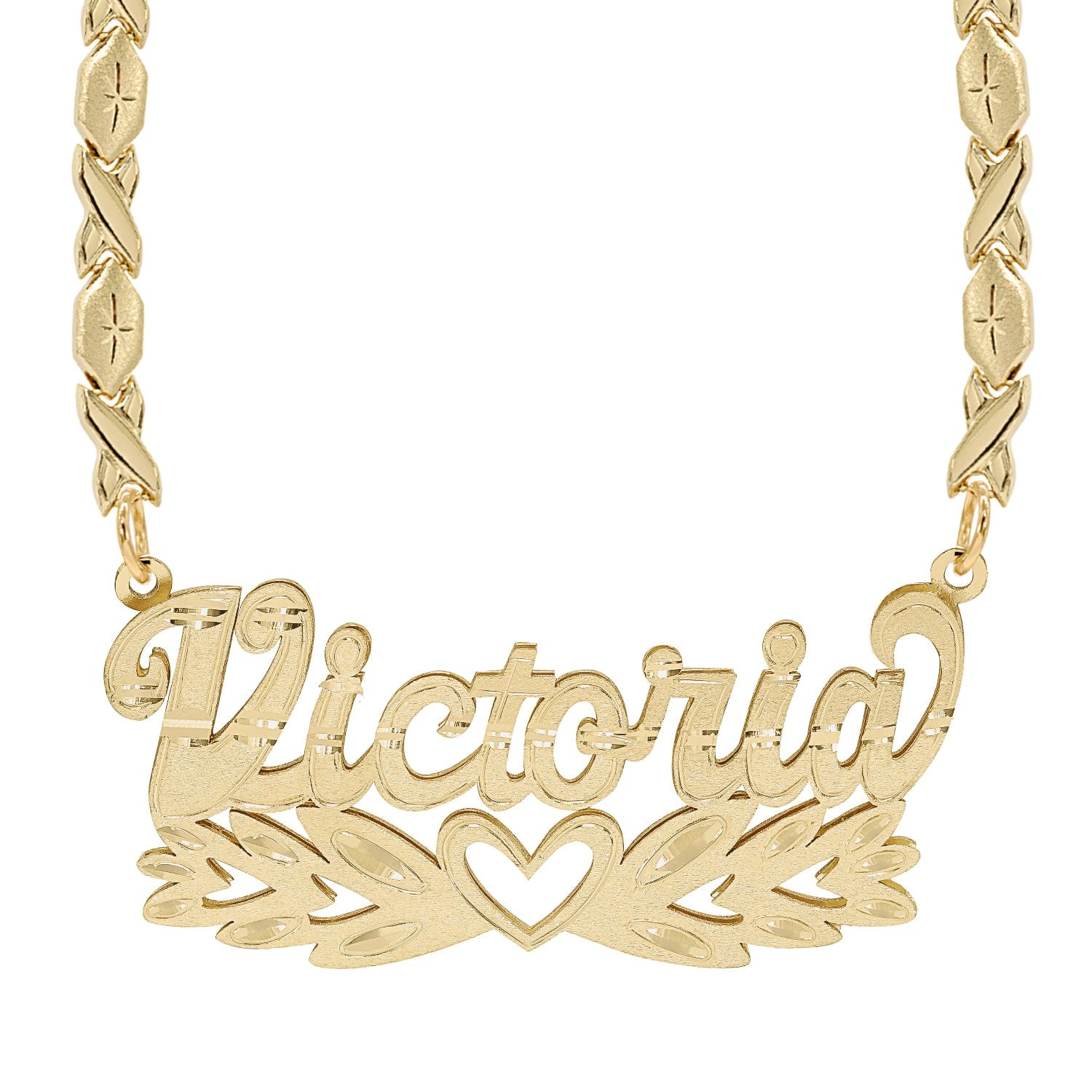 Solid Gold Double Nameplate Necklace w/ Love Birds Hannah